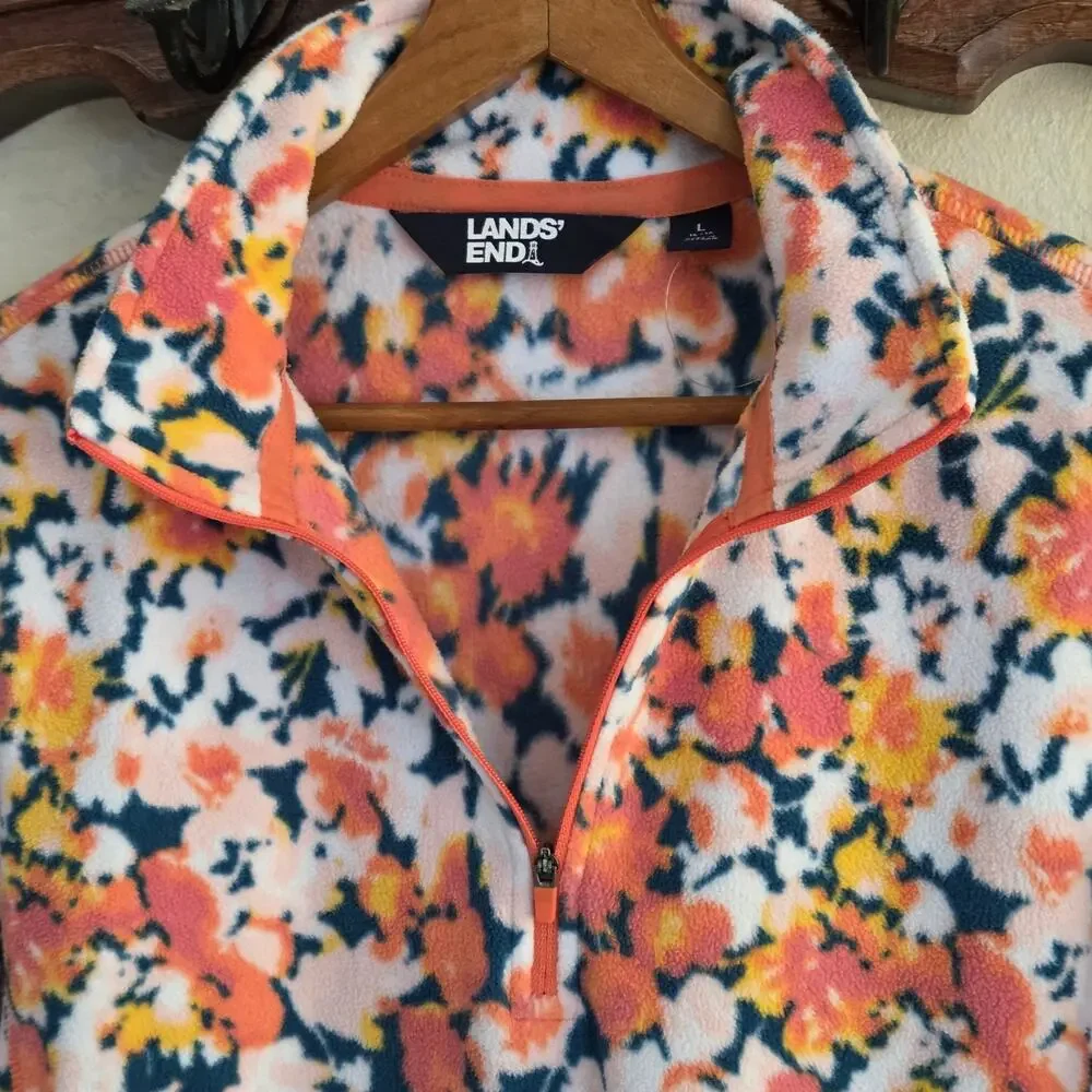 Lands End Womens Pullover 1/4 Zip Fleece Orange Floral Long Sleeve Cozy NWOT✨️L